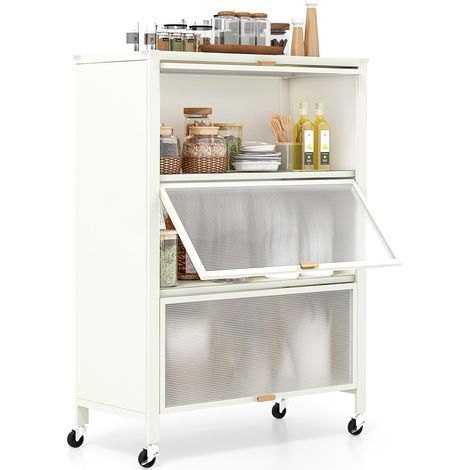 Mensola da cucina a 4 ripiani con ante a ribalta, supporto per microonde in metallo su ruote universali con bloccaggio, bianco (1/5)