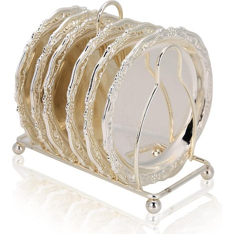Untersetzer, runder Vintage-Untersetzer mit Ständer, geeignet für Hochzeiten, Abendessen, Restaurants und Hotels (silberfarben, Durchmesser 10 cm)