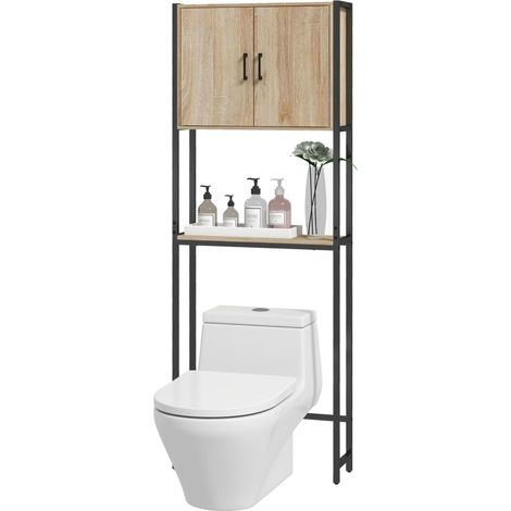 Étagère de toilettes meuble de salle de bain dessus toilette WC avec placard 2 portes et étagère ouverte