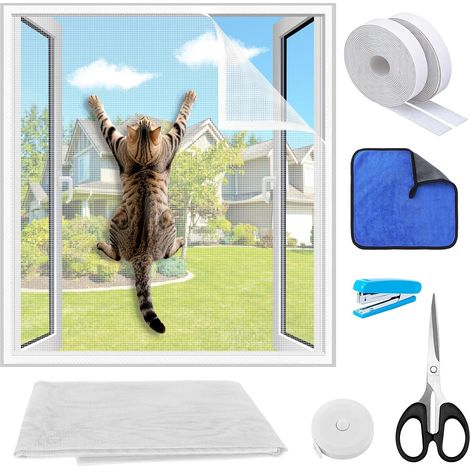 Protection Fenêtre Chat, Ajustable Moustiquaire Fenêtre Chat, Filet Fenetre Chats avec Moustiquaire Fenêtre Sans Perçage, Auto-adhésive Anti-Moustique Anti Insecte Protege Chats (Blanc(130 150CM)) (1/5)