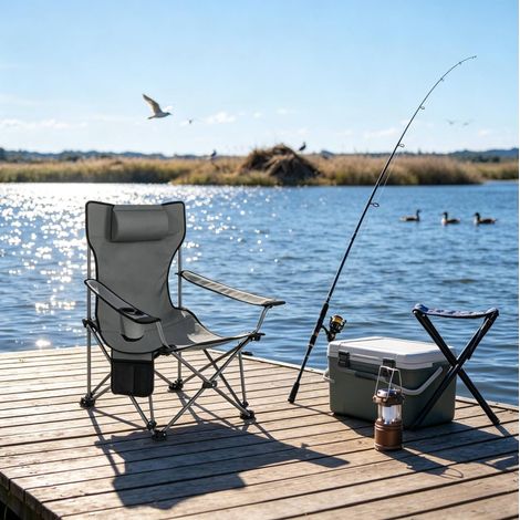 Silla plegable de camping con reposapiés extensible, gris DESVIAE (1/5)