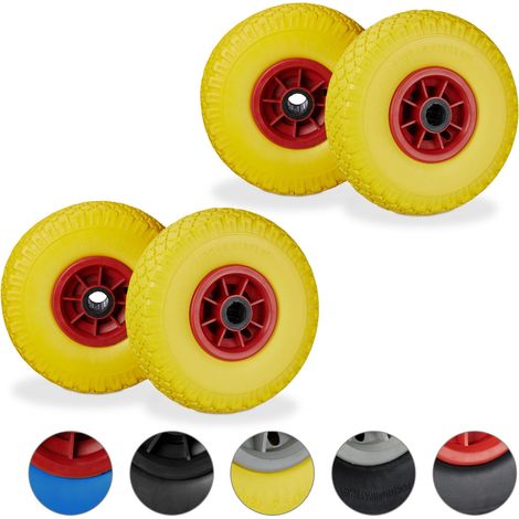 Relaxdays Set cuatro ruedas carretilla, Resistente a golpes, 3.00-4", Eje 25mm, Hasta 80 kg, 260x85 mm, Amarillo-rojo