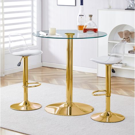 Set bar con tavolo rotondo in vetro 89 cm e 2 sgabelli regolabili e girevoli, struttura dorata (1/5)