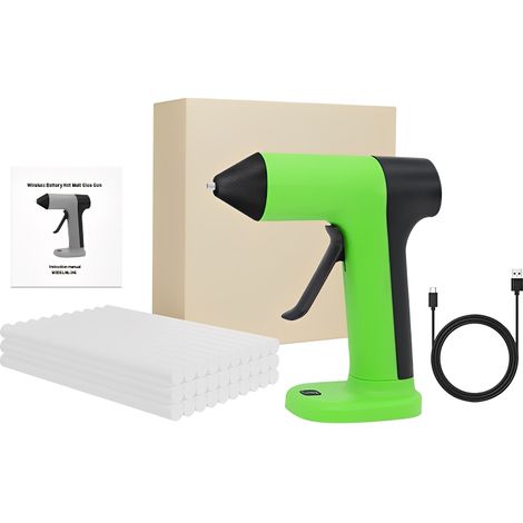 Pistolet à colle sans fil, préchauffage en 30 s, batterie rechargeable 2000 mAh, arrêt automatique, 30 bâtons inclus (vert) (1/5)