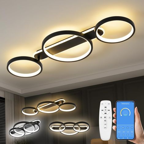 Plafonnier LED Deco Avec Telecommande APP,Dimmable Chambre Eclairage,Noir  Moderne Lampe de Plafond 36W 3000K-6500K,3 Anneaux Ronde Design,Luminaire Interieur,Lampe Lustre pour Bureau Cuisine Couloir (1/5)