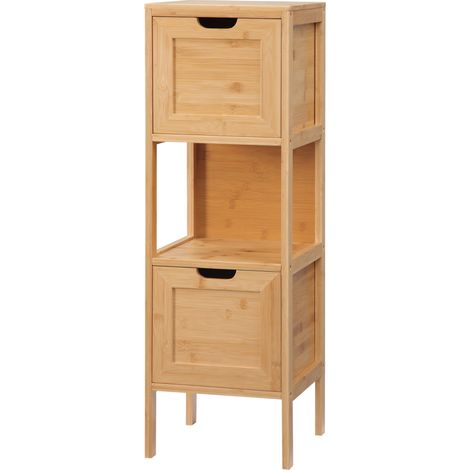 Meuble de salle de bain en bambou, 1 étagère, 2 tiroirs, 30 cm x 30 cm x 90 cm  naturel