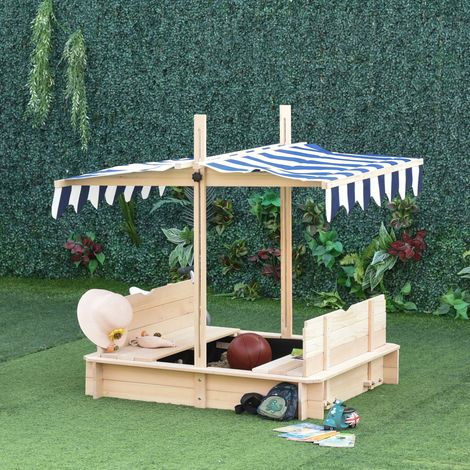 Outsunny Quadratischer Sandkasten aus Holz für Kinder, 106 x 106 cm, mit Bänken und Deckel - Verstellbares Sonnendach
