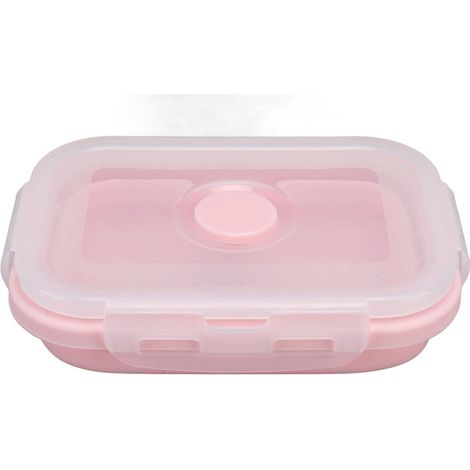 Fiambrera Bento de silicona rosa de 500 ml, recipiente plegable para alimentos, resistente al microondas y a altas temperaturas. (1/4)