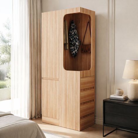 MEUBLIV Armoire 70 x 40 x 170 cm bois clair – 1 porte, 4 tiroirs et penderie ouverte (1/5)