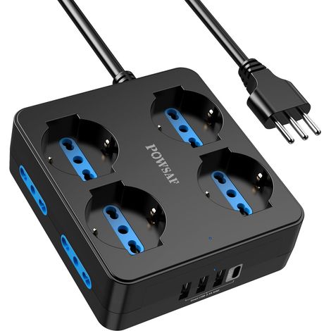 Multiprise 4 Prises carrées, multiprise avec 4 Ports USB et Interrupteur, multiprise compacte pour la Maison/Le Bureau, Noir (1/4)