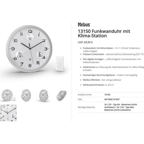 Horloge radiopilotée Mebus 13150 radiopiloté(e) 30 cm aluminium
