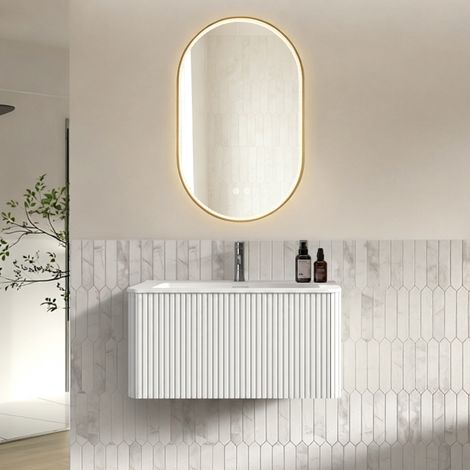 Conjunto de baño suspendido blanco de 81 cm con lavabo integrado y espejo LED 50 x 80 cm (1/5)