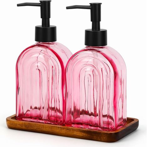 Lot de 2 distributeurs de savon en verre de 400 ml – Évier de cuisine et salle de bain avec plateau en bois, distributeur de savon à rayures arquées pour plan de travail (rose) (1/5)
