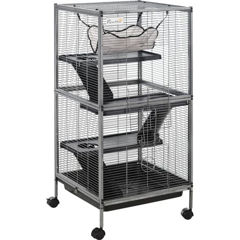 Petite cage en acier pour rongeurs, cobayes et chinchillas, avec 3 étages, 4 roues, hamac et plateau amovible, 52 x 52 x 113,5 cm, gris argenté. Cette cage pour rongeurs et petits animaux est conçu... (1/4)