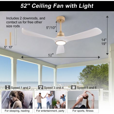 Ventilateur de plafond blanc et doré 52 pouces avec éclairage LED et télécommande, mémoire, moteur DC silencieux réversible, 3 pales en ABS, design moderne intérieur/extérieur pour chambre. (1/5)