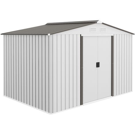Outsunny caseta de jardín exterior metálico, 5 m² 277x195x192 cm con puertas correderas, base refuerzo (suelo no incluido) y ventanas, plata y gris