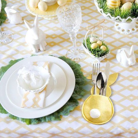 Lot de 4 porte-couverts lapin de Pâques, pochette à couverts lapin, pochette à fourchettes de Pâques, porte-ustensiles de table, organisateur d'ustensiles de cuisine pour les fêtes de Pâques - Jaune (1/3)