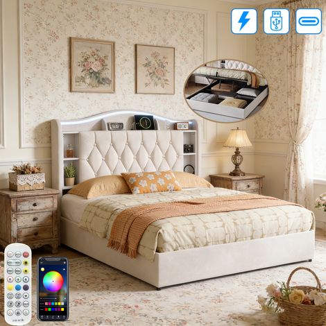 Lit 140x190 avec LED et Charge USB Tpye C - Lit Coffre avec Rangement et Tete de Lit bibliotheque - 2 Personnes - Velours Beige (1/5)