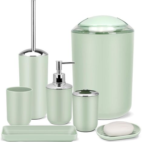Juego de accesorios de baño verdes, 7 piezas: bandeja, escobilla de baño y papelera. (1/4)