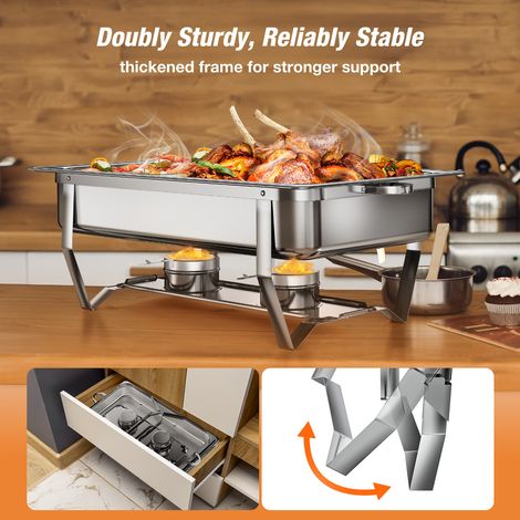 4-tlg Speisenwärmer Edelstahl, Chafing Dish Speisenwärmer, 2x GN Vollformat + 1x GN 1/2 + 1x GN 1/3 Behälter