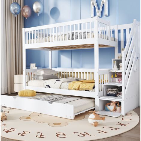 DESVIAE Lit superposé enfant avec lit gigogne armoire échelle et main courante pin MDF blanc 90x200 90x190 (1/5)