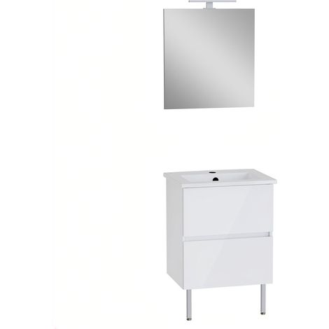 VitrA Pack meuble 60cm blanc brillant 2 tiroirs Mia Plus Square, plan céramique, miroir avec éclairage Led (1/5)
