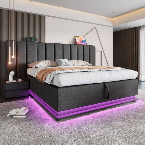 Bett 180x200 cm modern gepolstert in Grau mit Kopfteil, Stauraum, 360° LED, USB-C und Lattenrost (1/5)