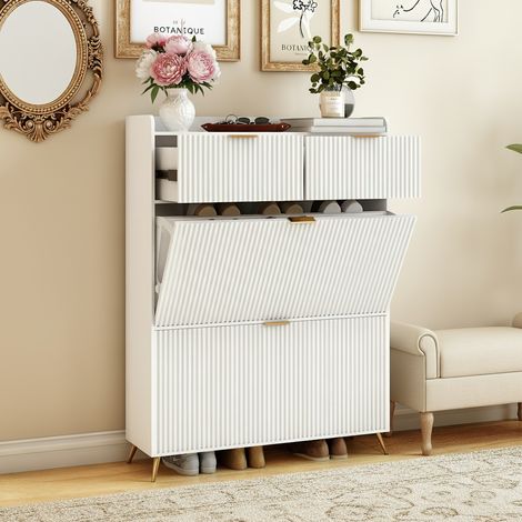 Mobile per scarpe 80x24x110 cm, con 2 cassetti e 2 porte, armadio per scarpe per 12 paia, design moderno e funzionale - Bianco