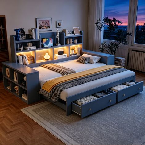 Lit banquette extensible 1 à 2 places 90x200/180x200 cm, canapé-lit avec rangements, 2 tiroirs, prise intégrée, LED, sommier à lattes, bois gris (1/5)