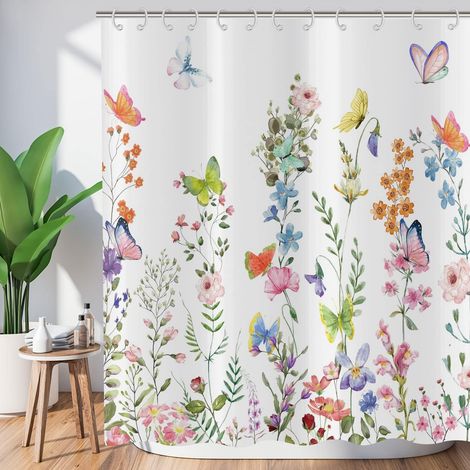 Rideau de Douche Fleurs 180x200 cm, Printemps Rose Bleu Violet Fleurs colorées Papillon Feuilles Vertes Lavables Textile Rideau de Bain imperméable pour Baignoire avec 12 Crochets (1/5)