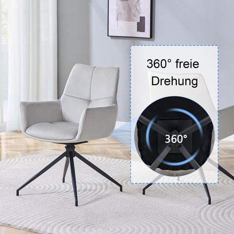 Set de 2 chaises pivotantes 360° en tissu gris clair, pieds en métal noir laqué, respirantes et confortables, idéales pour salle à manger ou salon moderne. (1/5)