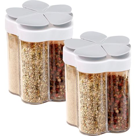 Juego de 2 botes de especias de plástico transparente 5 en 1, caja para condimentos, botes de especias de viaje, caja para especias, botellas transparentes, bote para sal y especias, cocina y camping. (1/5)