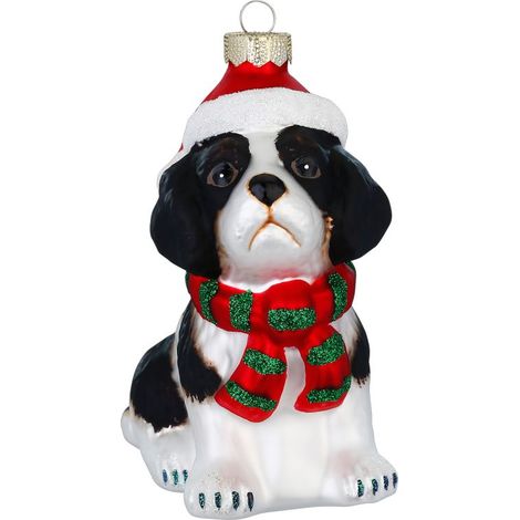DECORAZIONE DI NATALE DA APPENDERE CANE IN VETRO CON SCIARPA E CAPPELLO 10,5CM