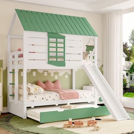 Lit superposé en forme de maison 90x200 avec toboggan et lit gigogne, blanc et vert, verre trempé 8mm, garantie 2 ans contre défauts