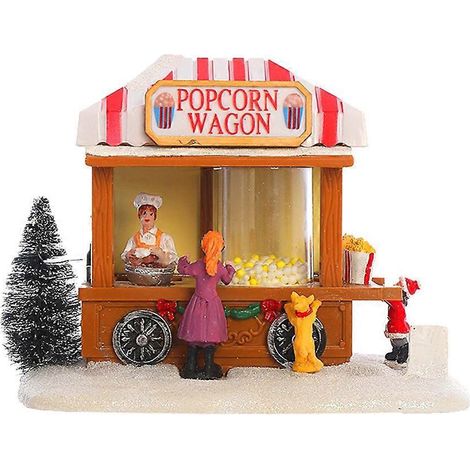 Weihnachtsdekoration: LED-beleuchtetes Haus, Popcornwagen aus Kunstharz, musikalischer, animierter Speisewagen, Dorfszene, Weihnachtsfeier