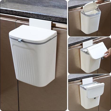 Poubelle murale en plastique de 3,2 gallons avec couvercle, poubelle de cuisine suspendue de 12 L pour porte d'armoire, comptoir, sous évier (blanc) (1/5)