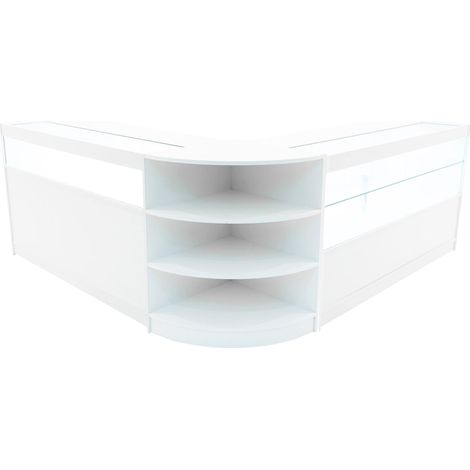 Set Mostradores Comerciales "HARMONIA"  Blanco B1500+C1500+LM60  MDF y vidrio templado  Estantes y puertas corredizas con cerradura  Fácil Montaje  Mostrador Recepción Expositor Comercial Mesa
