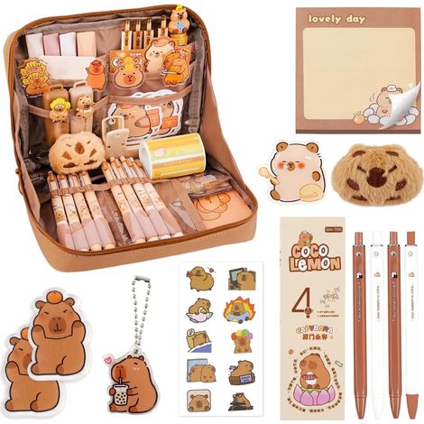 Set de útiles escolares Capybara: estuche de tela para lápices, 10 pegatinas, peluche en miniatura, insignia, llavero, bloc de notas, 4 bolígrafos de gel y clip. Un bonito set de regalo para la escuel