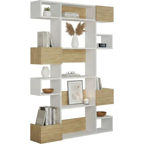 Dmora - Libreria Thetis, Scaffale da ufficio, Mobile portalibri, Biblioteca, 120x25h171 cm, Bianco e Rovere, con imballo rinforzato, con imballo rinforzato