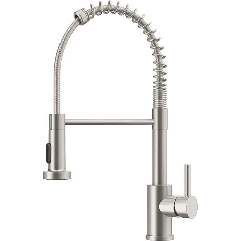 Robinet Cuisine, Mitigeur Cuisine Avec Douchette Pivotant à 360° d'Évier à Arc Élevé Pulvérisateur Escamotable 2 Modes, Acier Inoxydable (1/5)