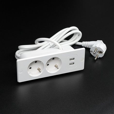 Multipresa da tavolo con 2 prese, 2 porte USB e cavo da 1,5 metri - adatta per tavoli e tavoli da conferenza (bianca). (1/4)