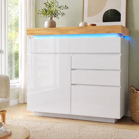 MEUBLIV Buffet 110 x 39 x 115 cm blanc – LED App Control, 2 portes 3 tiroirs (1/5)