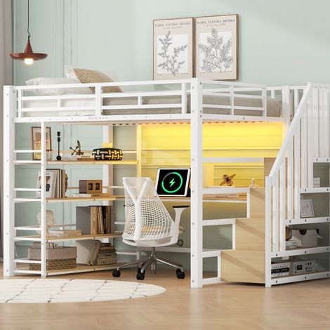 Cama alta moderna 140x200 cm de metal y MDF blanca, con escritorio integrado, escalera con almacenaje, estanterías, LED y USB