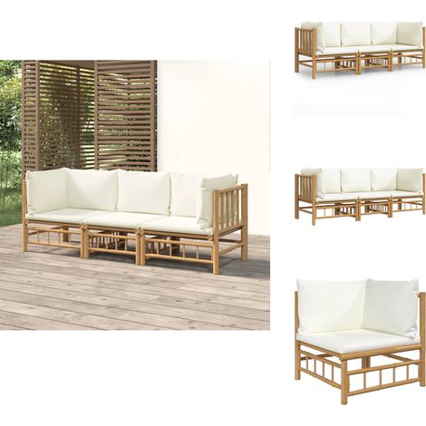 3-tlg. Garten-Lounge-Set mit Cremeweißen Kissen Bambus - Bambus Möbel - Gartenloungeset - Outdoor Möbel - Gartenmöbel - Esszimmergarnitur (1/5)