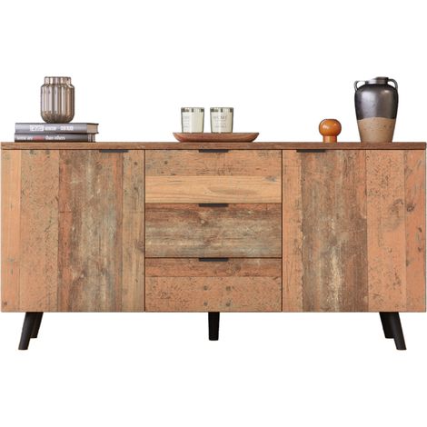 Buffet TV vintage brun patiné 140 cm avec 3 tiroirs, étagères réglables et grande capacité de rangement pour salon, salle à manger, chambre CHICFURN (1/5)