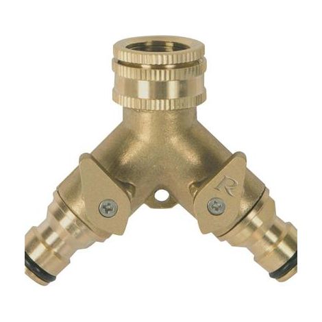 Ribimex – Nez de robinet laiton 2 circuits – Sorties raccords rapides – Vanne d’arrêt 20 x 27 – 15 x 21 (3/4” – 1/2”)