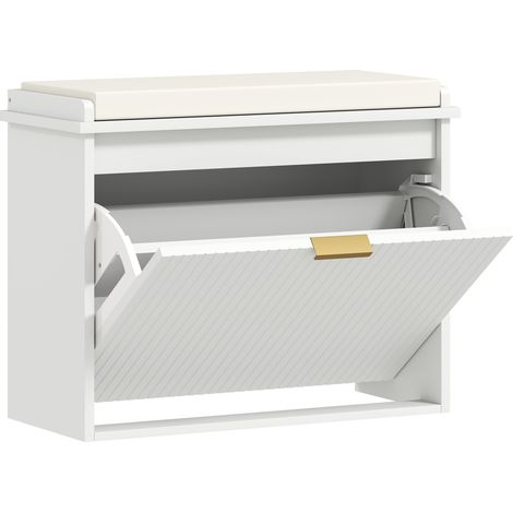 Banc de rangement pour chaussures blanc, 62 x 26 x 47,5 cm, avec coussin d'assise rembourré et tiroir pliable, idéal pour entrée, chambre. (1/5)