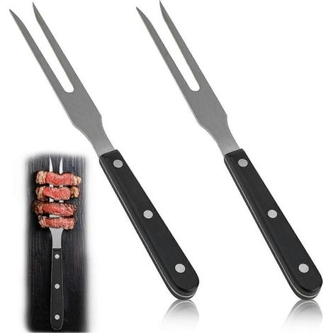 Fourchette à viande inox 2 pièces, fourchette de service avec manche en bois noir, pique à rôti et barbecue, long manche pour cuisson et service (1/5)