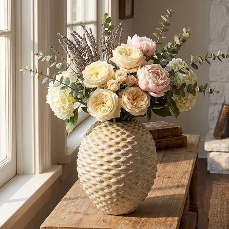 Vaso Faso, Finitura Geometrica a Rilievo, Colore Struttura oro, Diametro 7 cm, Beige