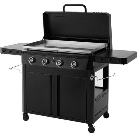 BRASERO BY FAVEX – Plancha gaz Stellar 900 sur chariot 4 feux  – Plaque inox XXL 86 x 53 cm – 16 kW – Jusqu'à 12 à 14 convives – Capot inclus